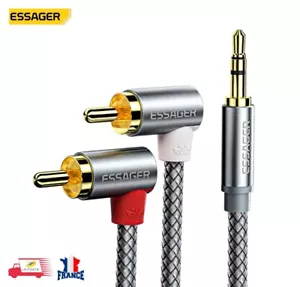 Câble Audio Coudé 90° 2 RCA mâle vers jack 3,5 mm mâle AUX Stéréo Essager - Imagen 1 de 6