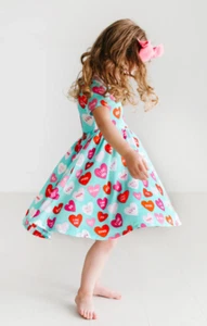 NWT Posh Peanut Girls Size 9 Y Valerie Short Sleeve Basic Twirl Dress Teal Heart - Picture 1 of 5