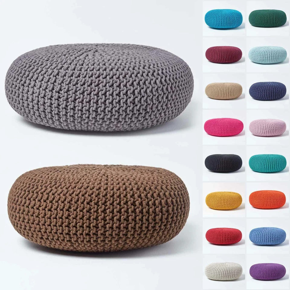 Large Round Cotton Knitted Pouffes Footstools Red, Yellow, Black, Grey, Natural - Image 1 of 1