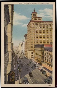 Postal de autos antiguos del banco Broadway de San Diego CA 1931 - Imagen 1 de 1