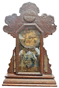 Rare Antique Decorative Wood Mantle Clock with Storm & Temperature Gauges - Picture 1 of 11