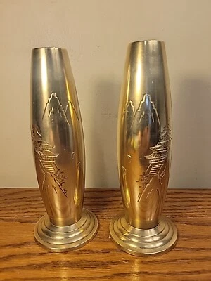 2 jarrones antiguos japoneses de metal bronce diseños grabados a mano de 7 1/8" de alto EXCELENTE  Foto 1 de 4