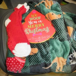 Plush Christmas Throw Dachshund  Woof Dog Plaid Green w/ Holiday Socks NWT - Picture 1 of 4