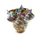 Murano Millefiori Footed Handkerchief Scarf Vase With Gold Flakes 6.75” Tall