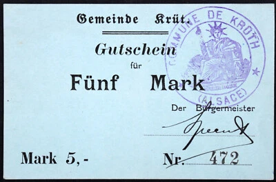 KRÜT / KRUTH 1914 5 Mark Early WWI German Notgeld France Alsace Elsass - Image 1 of 2
