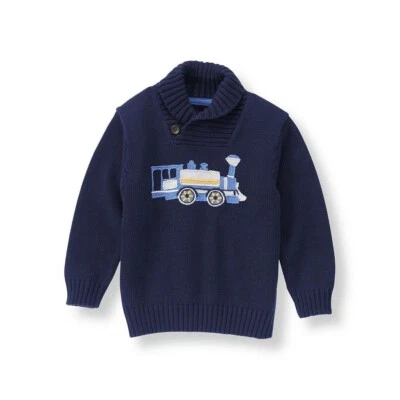 Janie and Jack Boys' Heavy Cotton Navy Train Sweater Size 4 Adorable! - Image 1 of 4