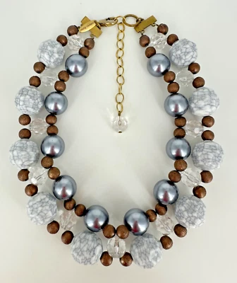 Anthropologie Lenora Dame Faux Grey Pearl Faceted Marble & Bronze Beads Necklace - Image 1 of 4