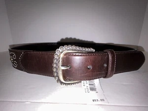 NWOT ARIAT BROWN LEATHER WESTERN BELT W/ SILVER BUCKLE & HORSESHOES #715002-36 - Picture 1 of 7