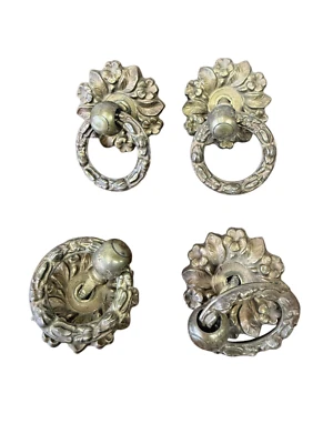 antique French classical empire federal round ring pulls floral 1810 brass fine - Image 1 of 4