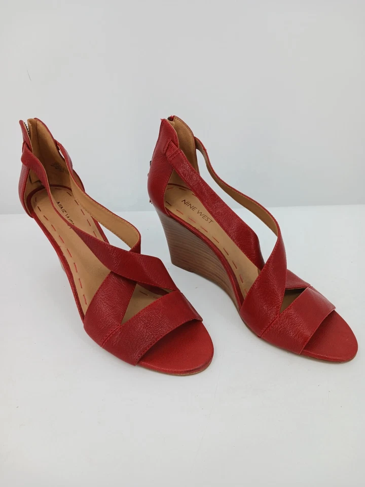 Sandalia Nine West Mujer 10.5 Rojo D'Orsay Cuero Tirantes Cremallera Cuña Media Foto 1 de 4