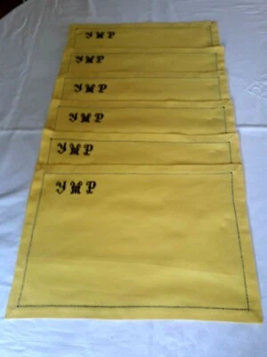 N04/ 6 Sets de table jaunes en coton brodé monogram YMP 31x44,5cm VINTAGE 1970  - Photo 1/4