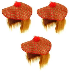 3 Adults Red Tartan Hat & Ginger Hair Hen Stag Tam O' Shanter Cap Scottish Burns - Picture 1 of 2