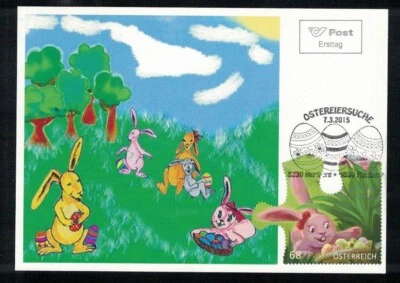 Maximumkarte Österreich 2015, Osterhasen, Ostereierteller, Comicmarken-Puzzle - Bild 1 von 2