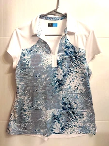 PGA Women's Golf Shirt White Blue Geometric Keyhole Athletic Tournament Top Sz L - Picture 1 of 4