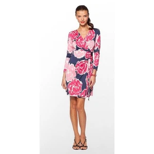 Abito Lilly Pulitzer Augusta floreale finto avvolgente rosa blu manica lunga - Foto 1 di 10