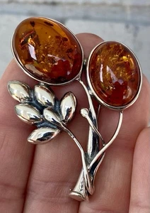 Vintage Amber Brooch 925 Silver Marked MW 14.12g Floral Heavy 1.5"x 2.5" - Picture 1 of 7