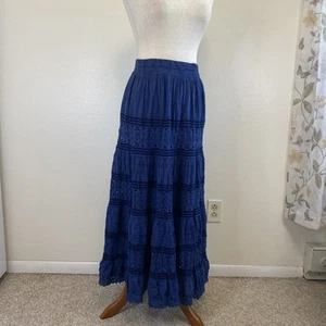 Maxi gonna Bohemian Cafe blu a strati western boho elasticizzata in vita. Piccolo - Foto 1 di 6