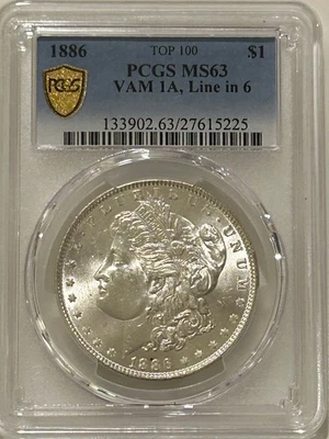 1886 P Morgan Silver Dollar PCGS MS63 VAM-1A Top 100 Line in 6 Gold Shield - Image 1 of 4