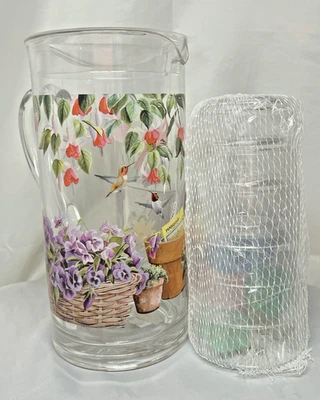 Susan Bourdet Wild Wings "Garden Delight" 艺术丙烯酸水罐和眼镜套装 全新 — 第 1/4 张图片