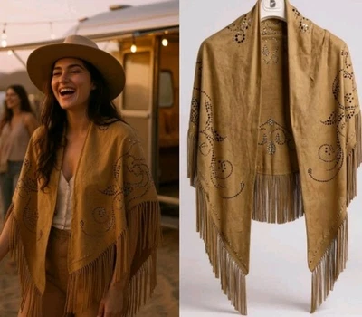 CARAVANA CURATIONS TACHUELAS corte láser envoltura flecos imitación gamuza occidental bufanda hippie  Foto 1 de 4