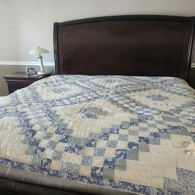 Vintage Handmade Patchwork Quilt Blue Floral Queen 83x83 Cutter Repurpose FLAWS - Image 1 of 4