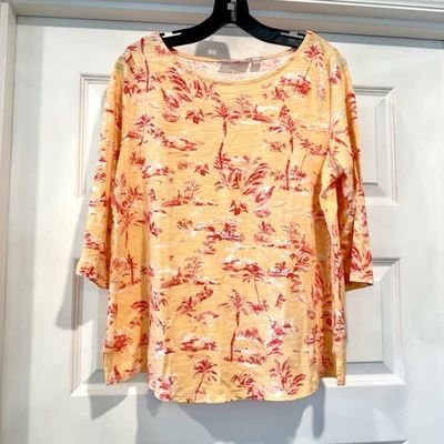 Belle by Kim Gravel 女式 L 码衬衫上衣衬衫 3/4 袖橙色棕榈树 — 第 1/4 张图片