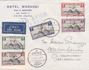 Egipto 1938 Cubierta de correo aéreo enviada a Suiza con CD de El Cairo, Hotel Morandi-2 - Imagen 1 de 2