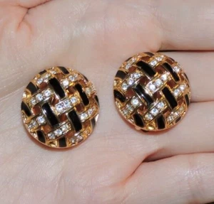 Vintage Swarovski Schwan Kristall schwarz Emaille Gold Korbgeflecht Kuppel Clip auf Ohrringe - Bild 1 von 6