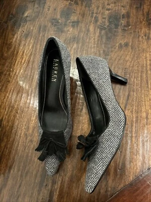 Ralph Lauren Shoes Sz 8.5 Pumps Gray Tweed & Black Tassel Kiltie Pointy Toe EUC - Image 1 of 4