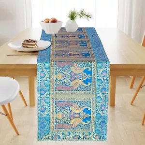 Indian Peacock Design Silk Dining Table Runner Wedding Birthday Runner 16x60 In - Picture 1 of 29