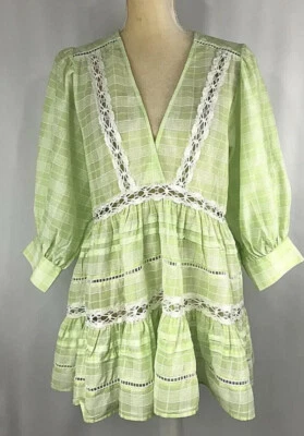 Free People 女式束腰衬衫上衣 XS 3/4 袖蕾丝石灰绿色波西米亚 128 美元 — 第 1/4 张图片