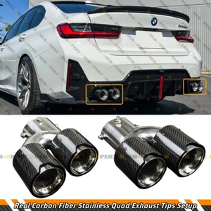 FOR 2019-25 BMW G20 M340i 330i CARBON FIBER STAINLESS QUAD EXHAUST TIP FINISHERS - Picture 1 of 7