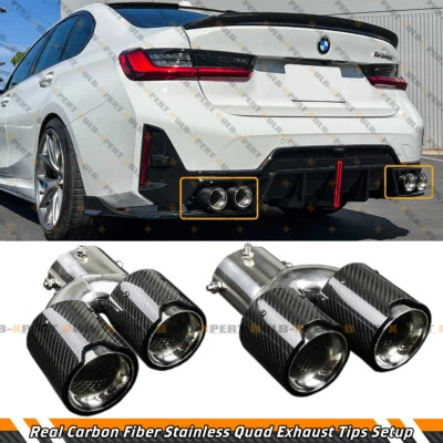 FOR 2019-25 BMW G20 M340i 330i CARBON FIBER STAINLESS QUAD EXHAUST TIP FINISHERS - Image 1 of 4