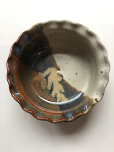 Studio Art Pottery Bowl 4”Artisan Signed Glazed Blue Brown Copper Cream Fluted - Picture 1 of 8