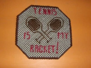 NEW completed plastic canvas mug mat Tennis is my racket! - Picture 1 of 1