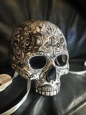 Half Skull Day of the Dead Mask Dia de los Muertos Hand Painted Black Grey 2025 - Image 1 of 4