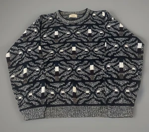 Vintage 80s Bugle Boy Geometric Pattern Acrylic Knit Sweater Black White Large - Picture 1 of 6