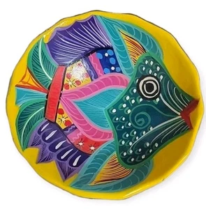 Mexican Folk Art Terracotta Footed Bowl Fish 5" Diameter Wall Decor - Picture 1 of 3