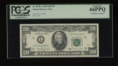 DBR 1990 $20 FRN San Francisco Gem Fr. 2078-L PCGS 66 PPQ Serial L67711493C - Image 1 of 2