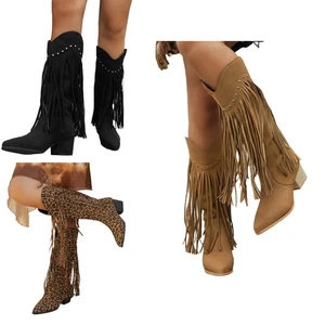 1 Par de Botas de Vaquero para Mujer Botas con Flecos Punta Tacón Grueso Retro Botas Largas - Imagen 1 de 22
