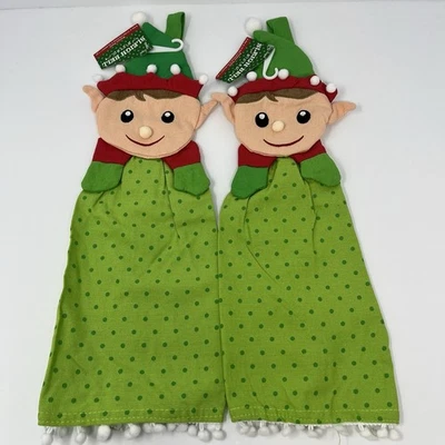 Juego de 2 toallas de cocina colgantes Sleigh Bell Bistro Elf Navidad Pom Verde Foto 1 de 4