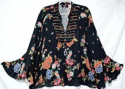 Johnny Was Rayon/Silk Pinstripe Floral Mix Velvet Flounce Sleeve Blouse/Top-XXL - Image 1 of 4