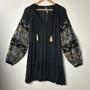 Free People Mix It Up Tunic Mini Babydoll Dress Black Floral Beads Boho Hippie M - Picture 1 of 17