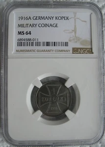 1916-A Germany Military Coinage 1 Kopek NGC MS-64 - Picture 1 of 3