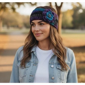 Handknit Yarn Headband with Flower Blue Purple Gray - Picture 1 of 8