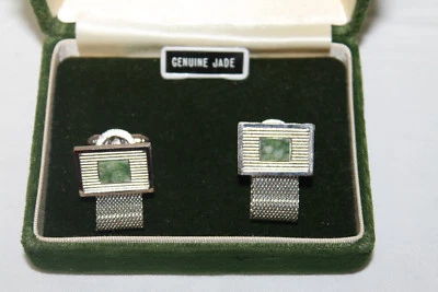 Gemelos Dante Vintage Tono Plata Malla Envoltura Piedra Jade Genuina Foto 1 de 4