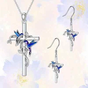 3 Pcs Set Fashion Silvery Cross Blue Hummingbird Pendant Necklace Earrings Women - Picture 1 of 6