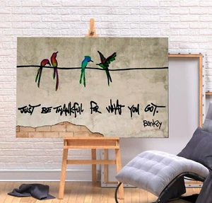 BANKSY JUST BE THANKFUL - DEEP FRAMED CANVAS WALL ART PICTURE PRINT - GREEN - Picture 1 of 2