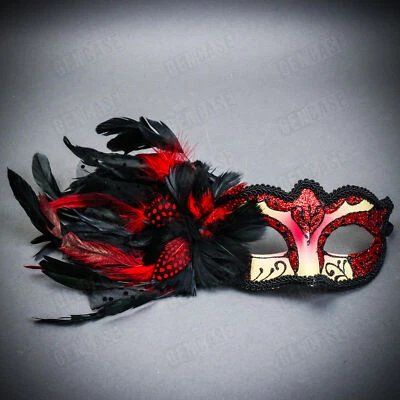 Venetian Black Side Feather Red Glitter Women Eyes Mask | Masquerade Prom Party - Image 1 of 4