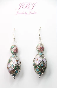 Cloisonne Chinese Japanese Oriental Enamel Flower Earrings 13 x 18mm Oval 1 3/4" - Picture 1 of 3